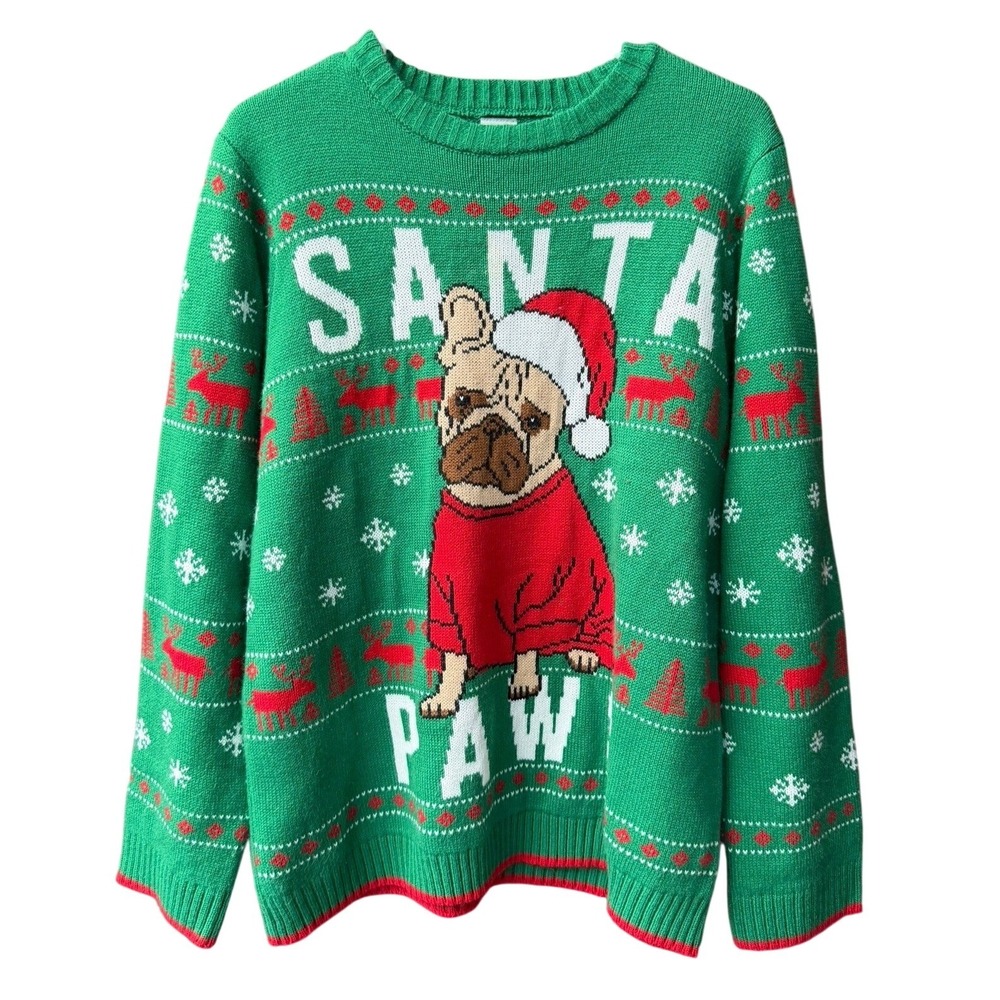 Holiday Time Sweater Boys XXL 18 Green Santa Paws French Bulldog Christmas